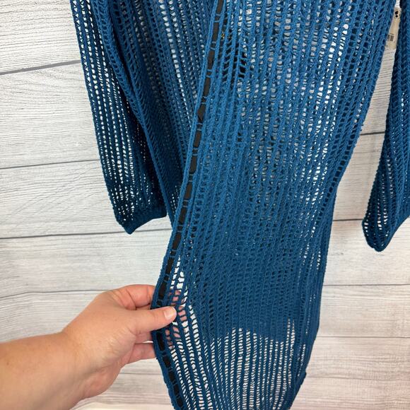 Free People Women's Blue Lattice Open Knit Tie Front Boho Cardigan Size Medium - Picture 10 of 12